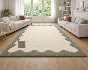 Sage Green Scalloped Wool Rug, Wavy Border Cream Area Rug, for Living Room, Hand Tufted Modern Nursery Rug, Scallop Edge Custom Size Carpet.