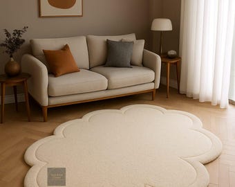 Alfombra estética de nubes, alfombra festoneada de color crema esponjosa para sala de estar, dormitorio, guardería, decoración moderna y acogedora, suave y peluda, regalo de forma única.