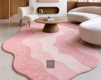 Pink Wavy Area Rug | Abstract Groovy Irregular Shape Carpet | "Aesthetic" Maximalist Decor for Living Room Bedroom | Custom Tufted Mat