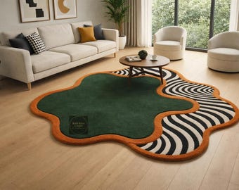 Alfombra abstracta ondulada de lana verde y naranja con formas irregulares, estilo retro de los años 70. Alfombra moderna de mediados de siglo con mechones hechos a mano para sala de estar y dormitorio.