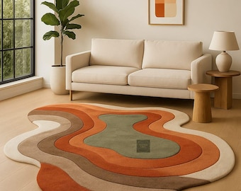 Irregular Groovy Area Rug | Hand-Tufted Fluid Wavy Abstract Tufted Rug | Retro 70s Burnt Orange Aesthetic Custom Shape Wool Living Room Rug.