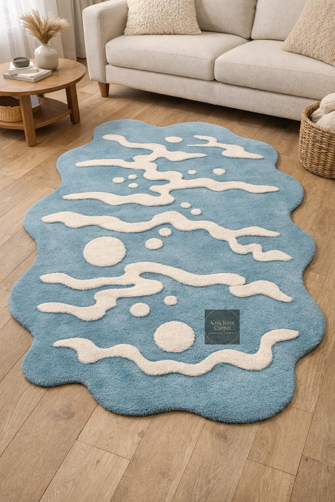 Hand Tufted Abstract Wave Rug - Irregular Shape Blue and White Area Rug ...