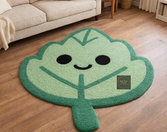 Hand Tufted Green Leaf Rug, Smiling Kawaii Leaf Shaped Area Rug, Cute Botanical Nursery Decor Handmade Wool Nature Rug, Plant Lover Gift 3x3