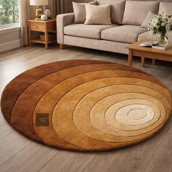 Retro Ombre Runder Teppich | Handgetufteter brauner konzentrischer Kreis Shag Teppich | Plüsch 70er Jahre Wohnzimmer Teppich Ästhetisches Schlafzimmer Dekor 13x15