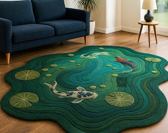 Alfombra única con diseño de estanque koi / Alfombra ondulada verde acuática hecha a mano / Decoración de sala de estar inspirada en la naturaleza en 3D / Alfombra personalizada con peces y nenúfares