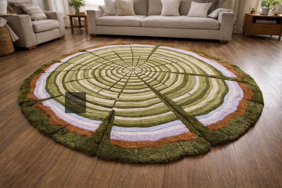 Tree Ring Area Rug, Moss Green Nature Inspired Carpet, Large Round ...