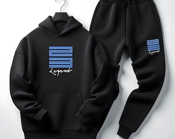 Heren Blauw Zwart 23 Legend Trainingspak Hoodie Joggers Streetwear Outfit