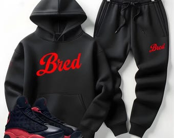 Men Black Red Bred Sweatsuit Hoodie Joggers Set Streetwear Sport Outfit