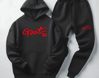 Men Black Red GOAT 23 Sweatsuit Hoodie Joggers Set Retro Streetwear Sport Outfit