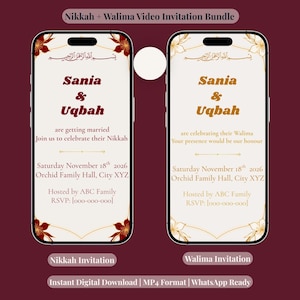 May include: A Nikkah and Walima video invitation bundle displayed on two smartphones. The left screen features dark red text and floral accents, while the right screen displays gold text and floral accents. Both screens include the names Sania and Uqbah, event details for November 18th, 2026, at Orchid Family Hall, and Arabic calligraphy at the top.