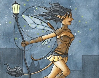 Original Fantasy Art- Fireflies and Flying Things - 5x7 Watercolor and Ink Mini Painting - Fantasy Steampunk Elf Art