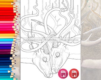 Surreal Coloring Page- Blind Craze - Digital and Printable Adult Coloring Page - Dark Fantasy Surreal Deer Art
