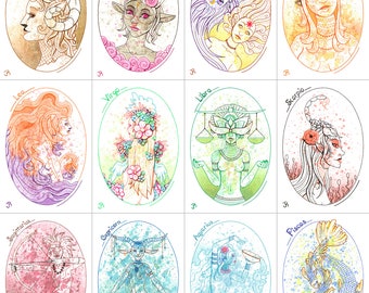 Zodiac Art Prints- Astrological Zodiac Set - 4x6 Open Edition Prints - Choose Your Print - Zodiac Art