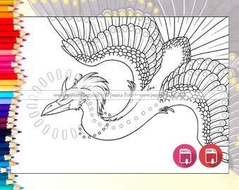 Fantasy Coloring Page- Sunspot - Digital and Printable Adult Coloring Page - Fantasy Phoenix Art