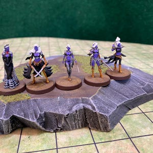 May include: Miniature fantasy figures of female characters with purple skin and white hair, posed on a rocky terrain. Each figure is painted with intricate details, wearing armor and wielding weapons. The figures are set against a green backdrop.