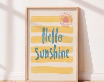 Hello Sunshine Print, Pastel Kids Room Art, Cute Sunshine Poster, Nursery Wall Decor, Summer Quote Illustration.