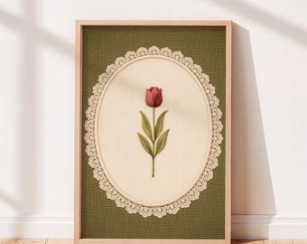 Scandinavian Folk Embroidery Tulip Wall Art, Cottagecore Floral Textile Print, Vintage Nordic Botanical Decor.