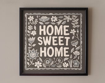 Home Sweet Home Folk Art Poster – Cozy Botanical Wall Decor.