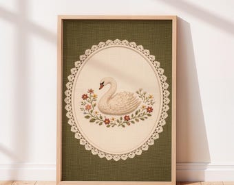 Scandinavian Folk Embroidery Swan Wall Art, Cottagecore Bird Textile Print, Vintage Nordic Nature Decor.