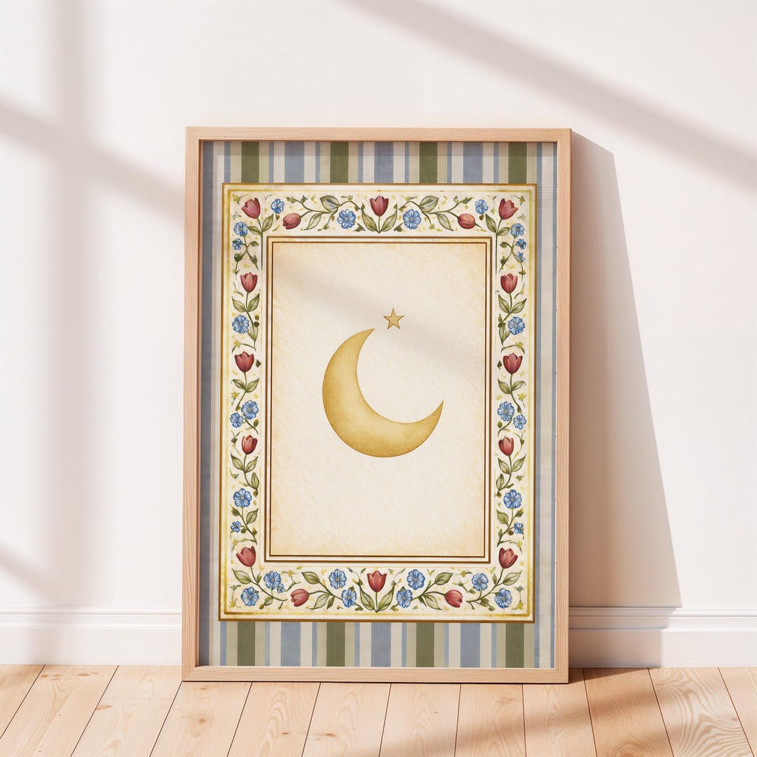 Vintage Moon and Star Wall Art, Celestial Nursery Print, Folk Floral ...