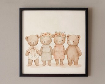Teddy Bear Nursery Wall Art, Watercolor Bears Illustration, Soft Pastel Kids Decor.