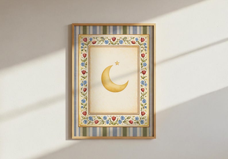 Vintage Moon and Star Wall Art, Celestial Nursery Print, Folk Floral ...