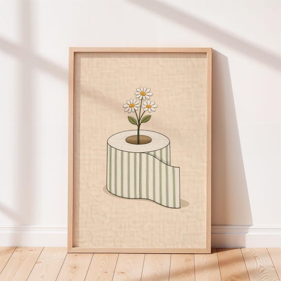 Funny Scandinavian Bathroom Wall Art, Cottagecore Toilet Paper Flower Print, Nordic Minimal Bathroom Decor.