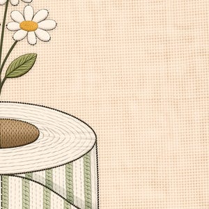 May include: An illustration of a roll of toilet paper with a green and white striped pattern. Two white daisies with yellow centers and green leaves are on the left side of the image. The background is a beige, textured fabric.