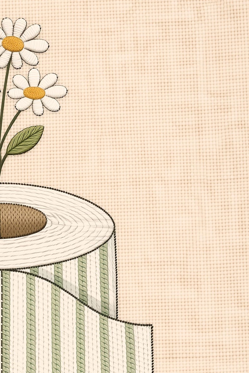 May include: An illustration of a roll of toilet paper with a green and white striped pattern. Two white daisies with yellow centers and green leaves are on the left side of the image. The background is a beige, textured fabric.