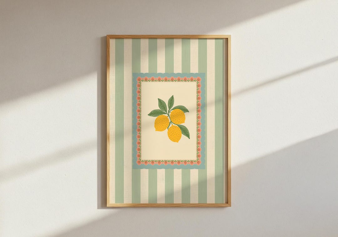 Lemon Folk Art Print, Vintage Fruit Wall Decor, Cottagecore Kitchen ...