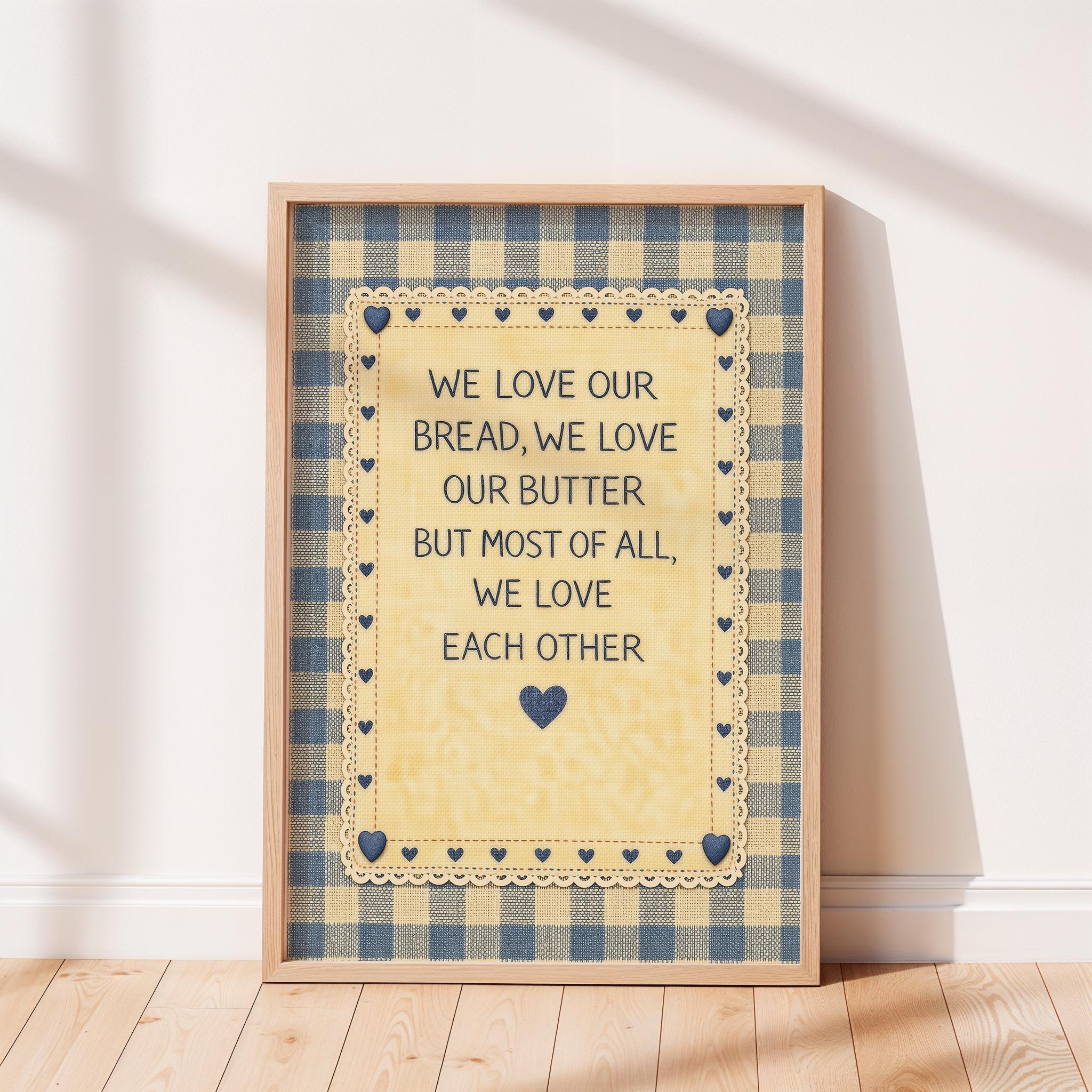 Quadretto Decorativo Rustico Con Scritta 'We Love Our Bread...' In Tessuto E Legno, 22,9x15,2 Cm