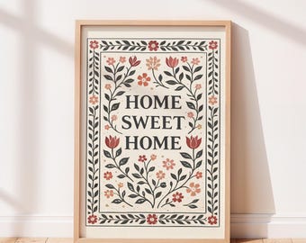 Home Sweet Home Vintage Folk Art Floral Wall Art Printable, Scandinavian Folk Art.