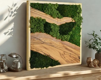Handmade Square Preserved Moss and Olive Wood Wall Art, Eco Friendly Nature Inspired Artwork, Unique Housewarming Gift
