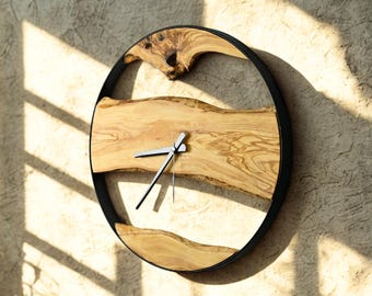 Handmade Olive Wood Wall Clock with Metal Frame, Unique Farmhouse Decor, Rustic Home Accent, Housewarming Gift Idea