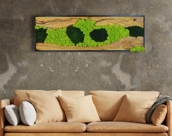 Handmade Preserved Moss Wall Art, Olive Wood & Metal Frame, Rustic Greenery Decor