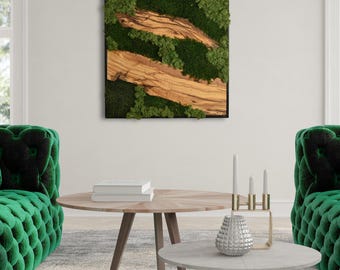 Handmade Olive Wood & Preserved Moss Wall Art, Square Metal Frame Nature Decor, Modern Interior Accent