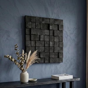 Handcrafted 3D Black Wooden Wall Art, Geometric Relief Panel, Modern Decor