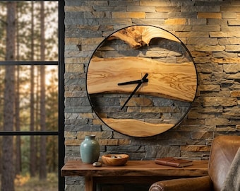 Handmade Olive Wood Wall Clock, Metal Frame, Rustic Farmhouse Decor, Modern Wall Art, New Home Gift