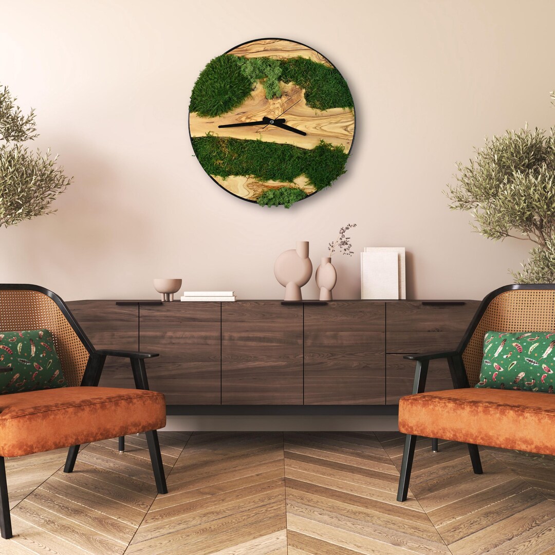 Handmade Olive Wood Clock With Preserved Moss, Organic Modern Decor - Etsy