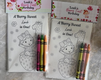 Berry first birthday- Strawberry cake- friends- Customized party favors- sticker coloring sheets-crayons