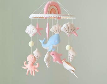 Ocean Baby Mobile ,Handmade Pastel Felt Sea Animals Nursery Decor , Personalized Baby Shower Gift