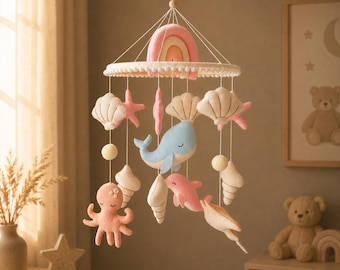 Handmade Felt Ocean Baby Mobile, Whale Dolphin Octopus Nursery Crib Decor