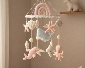 Pastel Ocean Baby Mobile, Whale Dolphin Octopus Felt Nursery Crib Decor