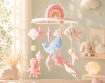 Filz Ozean Baby Mobile, Wal Delfin Oktopus Krippe Dekor, Küsten Kinderzimmer Reime