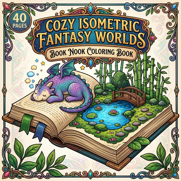 Cozy Isometric Fantasy Worlds Book Nook, Bold Easy 40 Coloring Pages, Digital Download PDF
