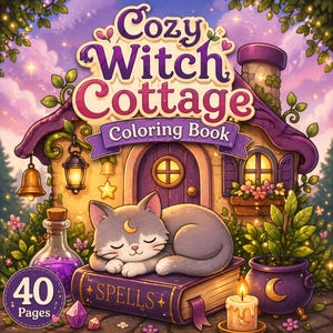 Könnte beinhalten: Illustration eines Malbuchs mit dem Titel "Cozy Witch Cottage". Das Cover zeigt ein lila Häuschen, eine schlafende graue Katze mit einem Mond und ein Buch mit der Aufschrift "Spells". Eine Flasche lila Trank, eine Kerze und ein Kessel sind ebenfalls zu sehen.
