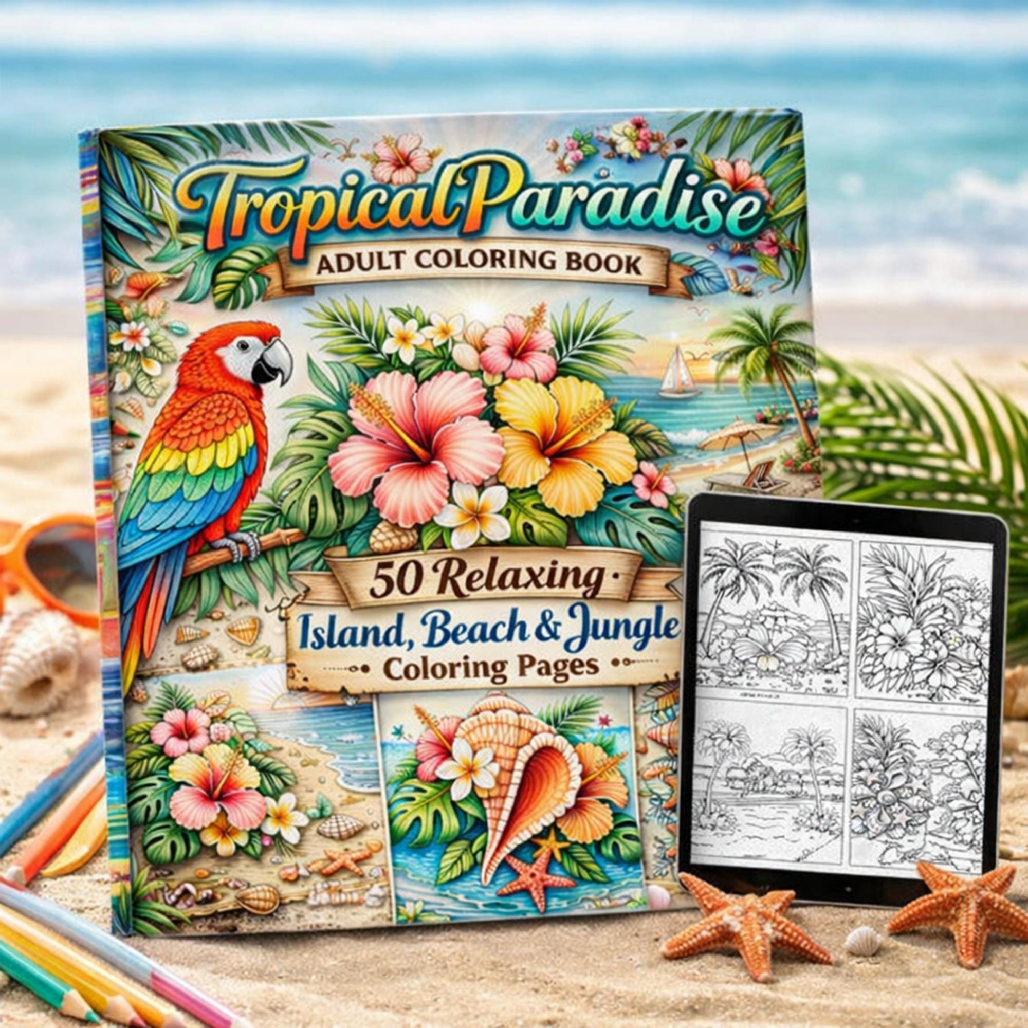 Summer Tropical Coloring Book, Beach Island, Palm Tree Lagoon Printable ...