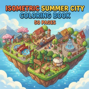 Peut inclure: Couverture du livre de coloriage Isometric Summer City avec 50 pages. L'illustration représente une île flottante fantaisiste avec une ville, un train, un étang et une fontaine. Le ciel est bleu avec des nuages ​​duveteux et des montagnes en arrière-plan.