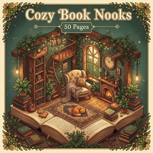 May include: An illustrated book titled "Cozy Book Nooks" with 50 pages, depicting a cozy reading room scene. The room features a fireplace, armchair, spiral staircase, and a sleeping cat on a rug. The image is surrounded by a decorative border.