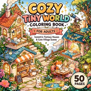 Puede incluir: Una colorida ilustración de un libro para colorear titulado "Cozy Tiny World Coloring Book". La portada presenta casas de fantasía isométricas caprichosas y lindas escenas de pueblo con adorables personajes de animales. El libro es "Para adultos" y tiene "50 páginas".